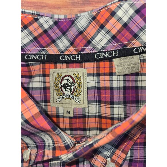 Cinch Mens Plaid Short Sleeve Button-Down Shirt Medium Orange Purple - Picture 5 of 7